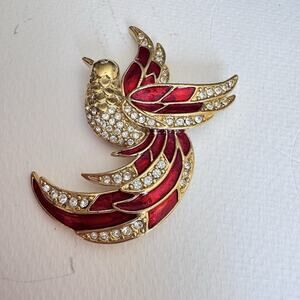 Vintage Giorgio Gold tone with Red Enamel & Clear Crystals Bird BROOCH